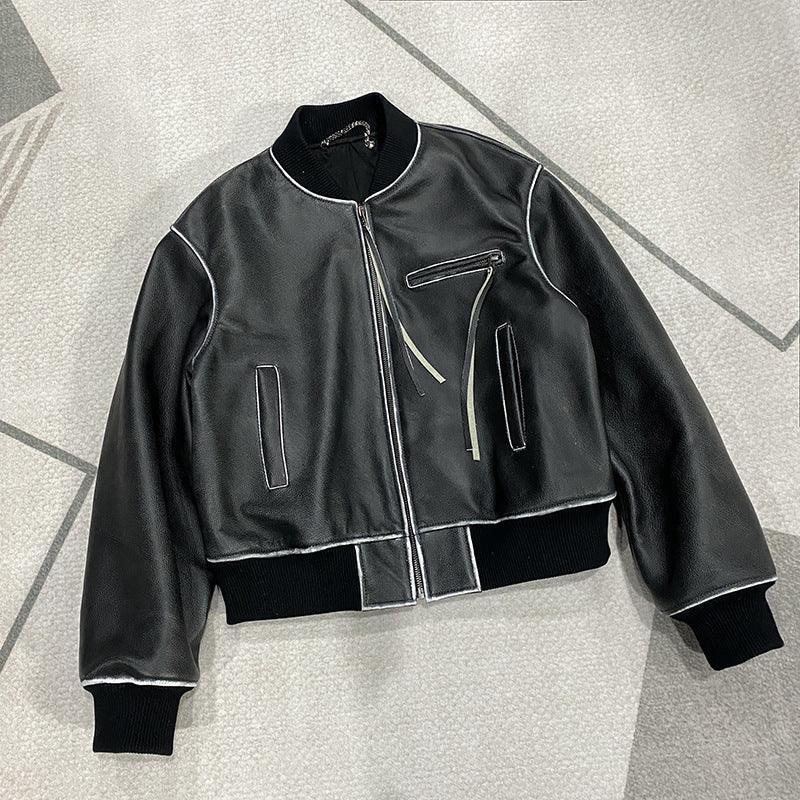Cropped Leather Jacket for Women in Black with Contrast Stitching