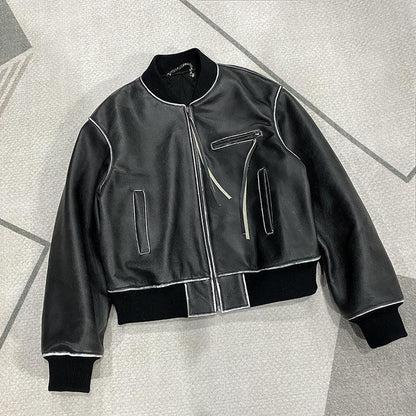 Cropped Leather Jacket for Women in Black with Contrast Stitching