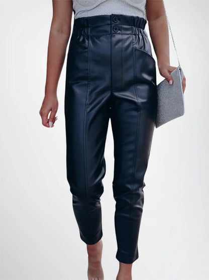 cropped leather pants women high waist black genuine leather
