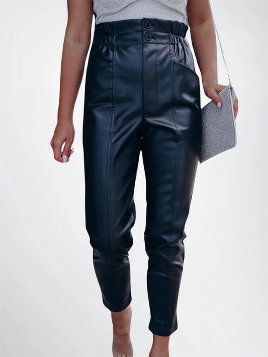 cropped leather pants women high waist black genuine leather