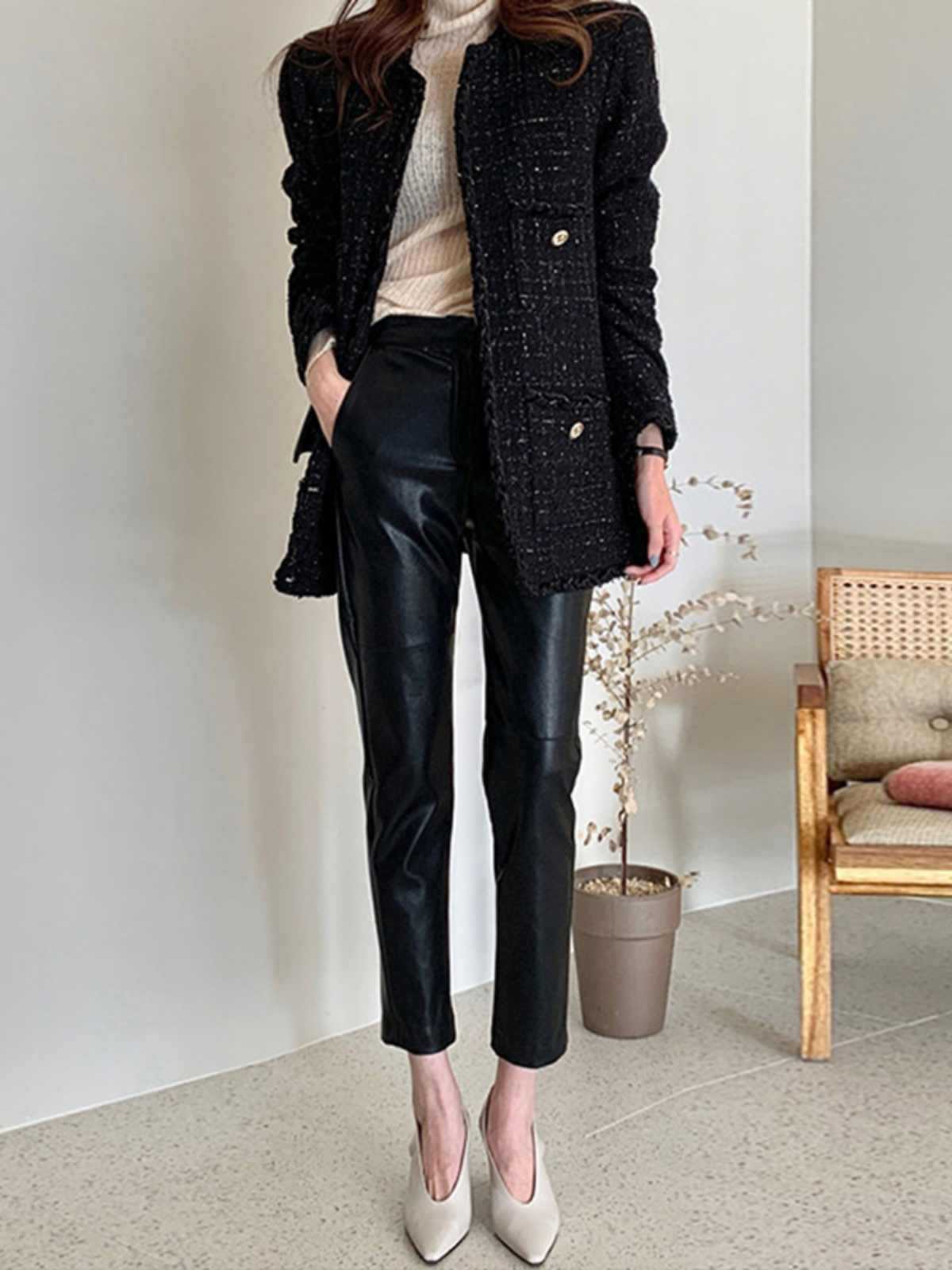Black high waist cropped faux leather pants women