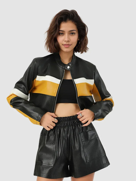 cropped moto jacket women black yellow