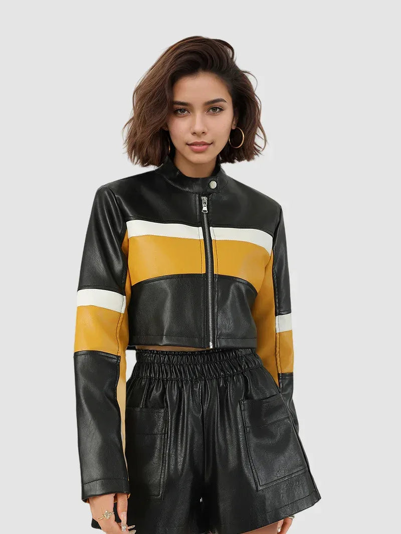 cropped moto jacket women black yellow