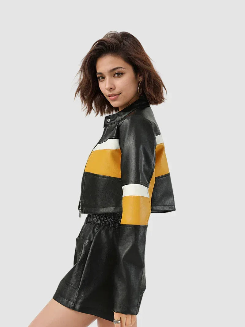 cropped moto jacket women black yellow