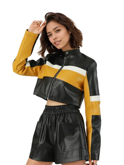 cropped moto jacket women black yellow
