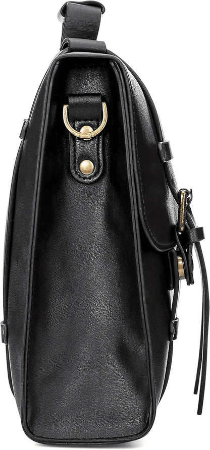 Black leather messenger bag for women