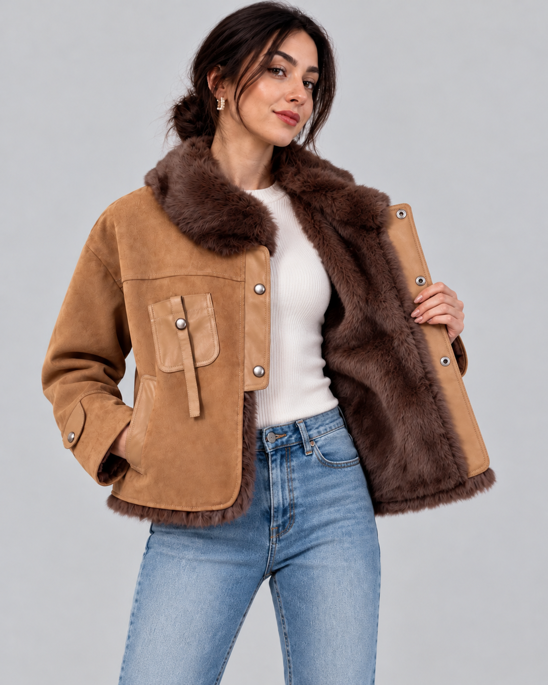 Women’s Faux Leather Jacket with Rabbit Fur Collar Winter Style