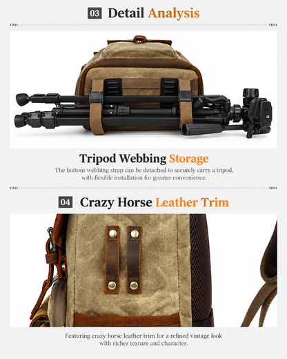 Vintage Canvas Leather Camera Backpack with Dual Buckles and Dividers