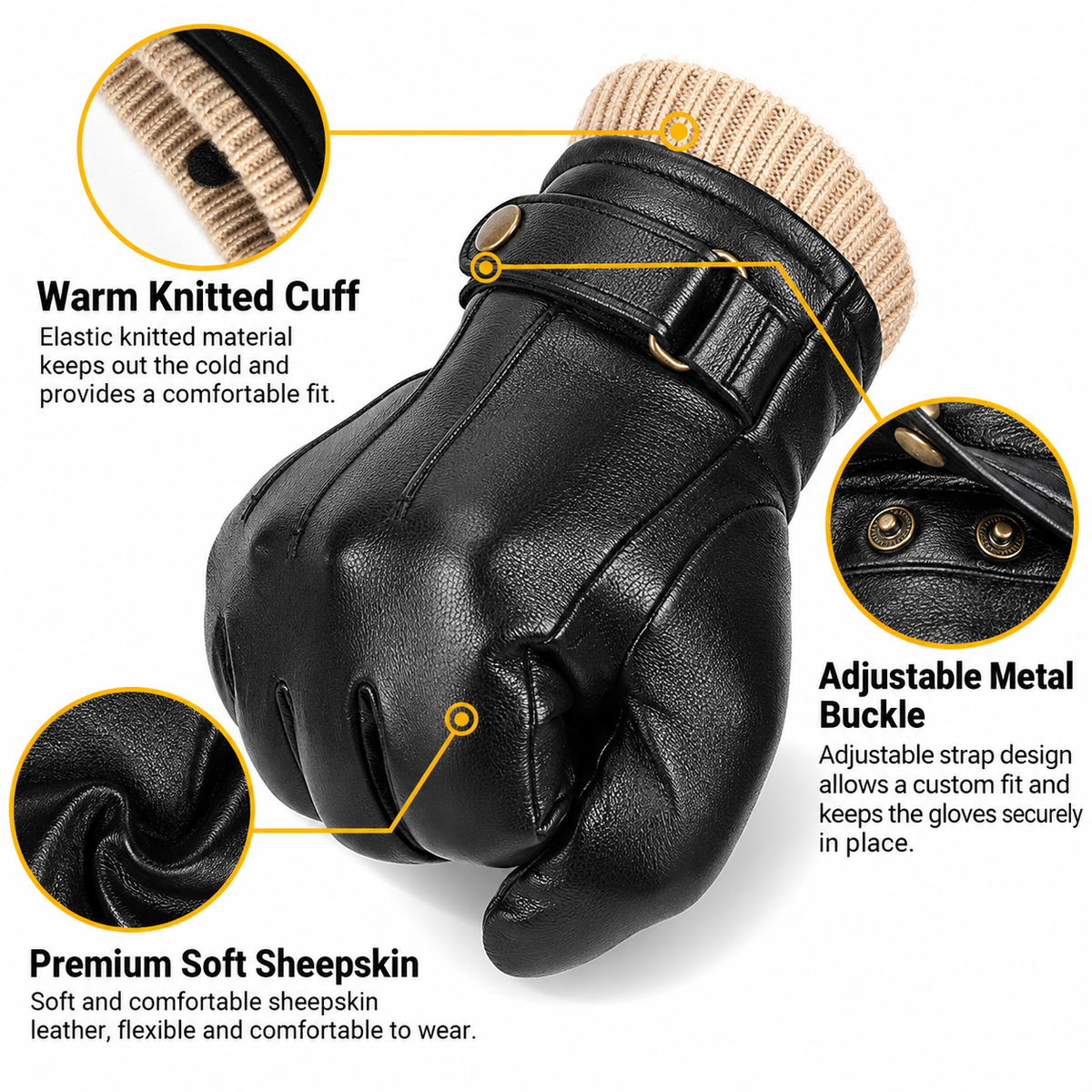 Men’s Black Leather Gloves for Driving, Motorcycle Riding and Touchscreen Use