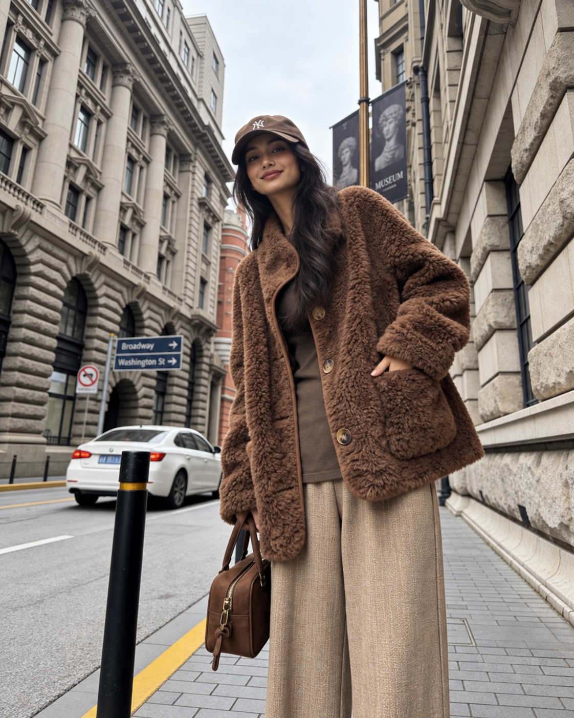 Women's Fur Coat Reversible Lambswool Style in Brown Sheep Wool