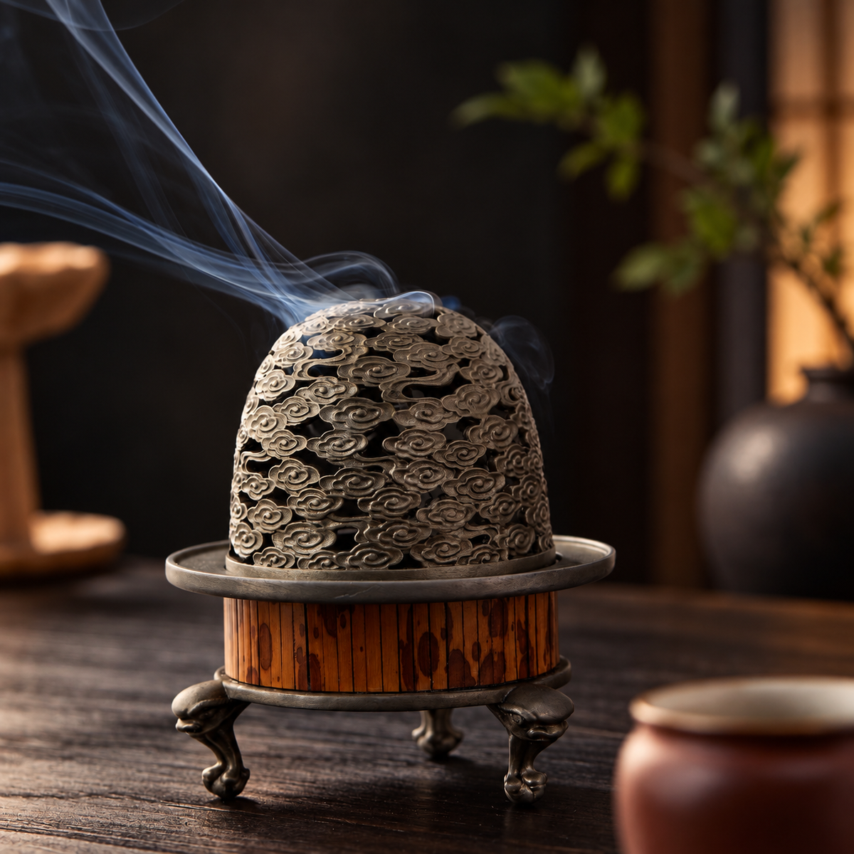 Incense Burner with Bamboo Alloy Detailing and Decorative Openwork Cover 2