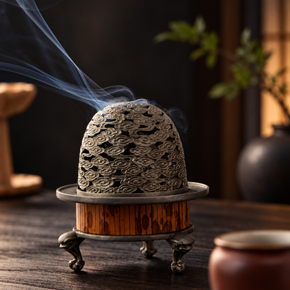 Incense Burner with Bamboo Alloy Detailing and Decorative Openwork Cover 2