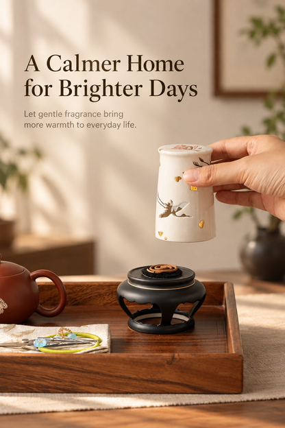 Ceramic Incense Burner with Crane Cutout Lid for Coil Incense