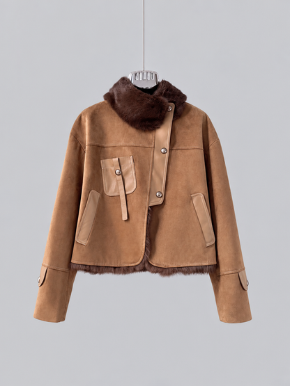 Women’s Faux Leather Jacket with Rabbit Fur Collar Winter Style