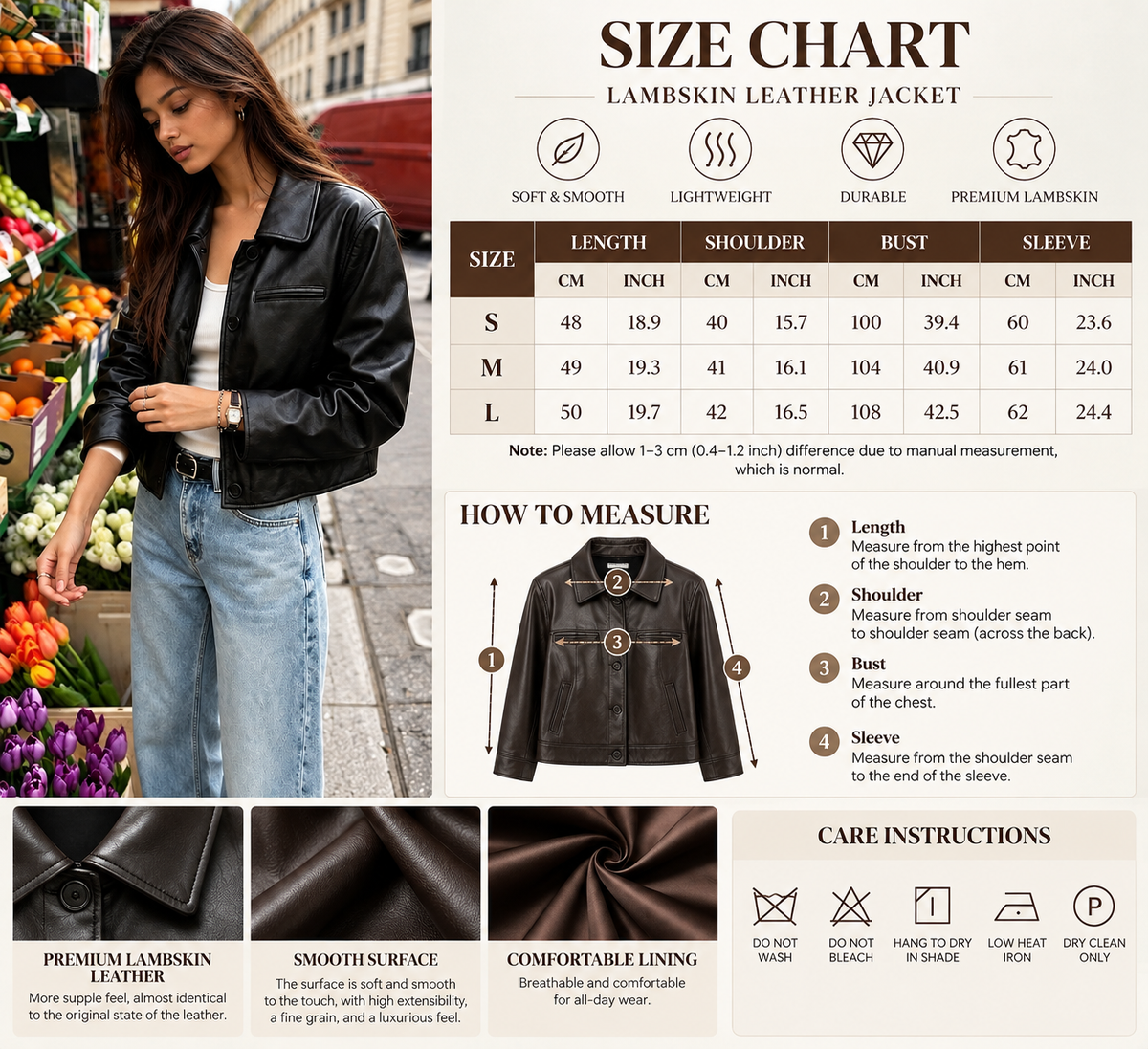 Lambskin Leather Jacket for Women Cropped Oil-Waxed Lapel Style