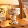 Peach Marble Pedestal Candle Holder with Rounded Stem and Dark Veining