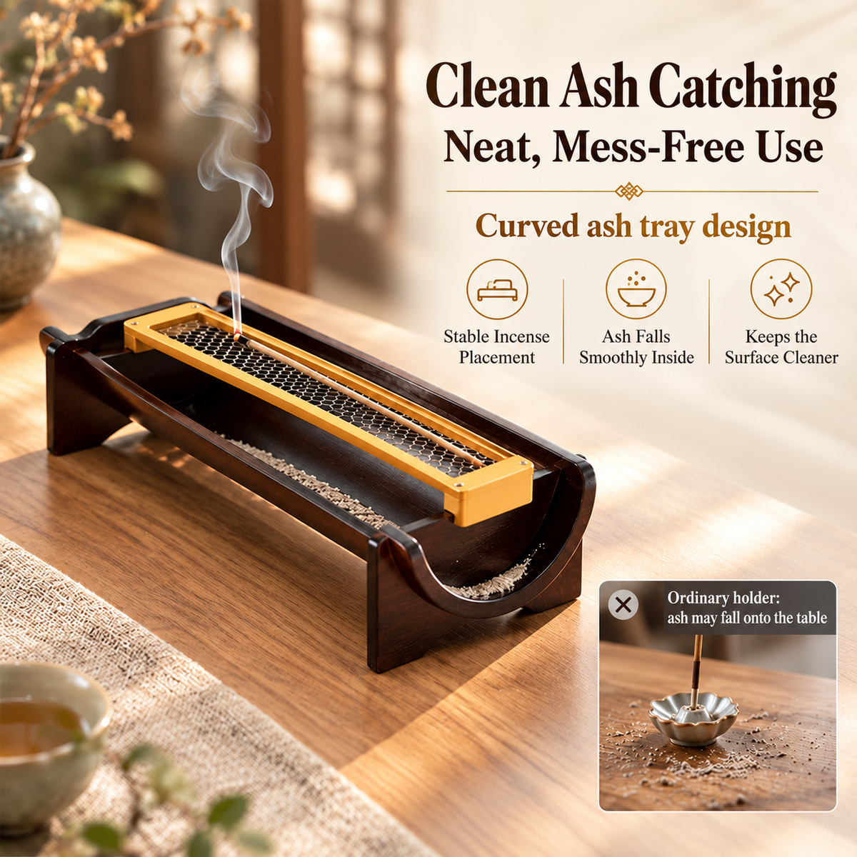 Bamboo Incense Stick Holder with Removable Metal Mesh Ash Tray