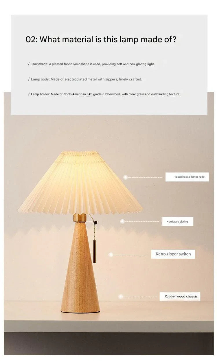 Japanese pleated wooden fabric led table lamp