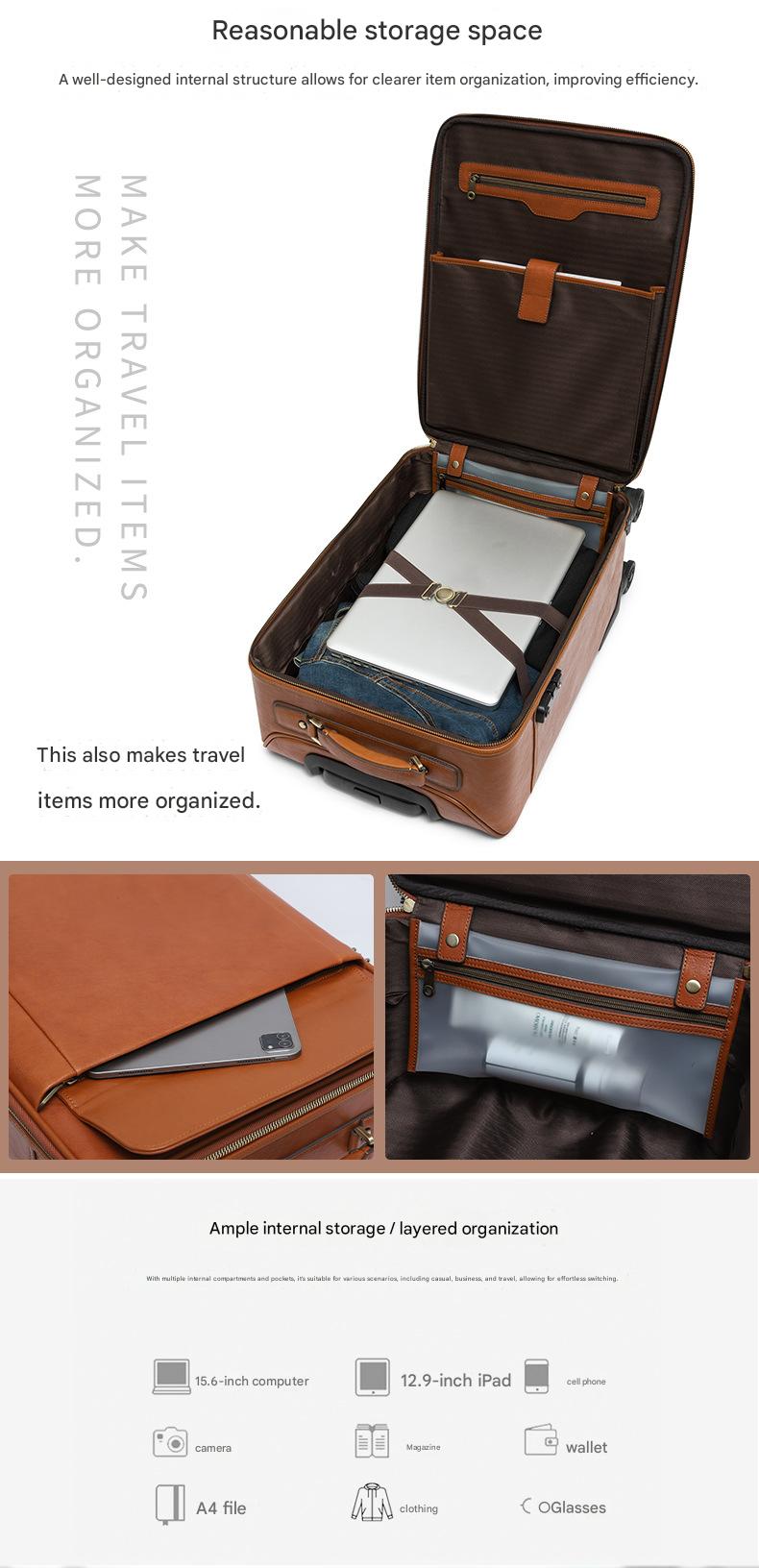Genuine Leather Business Travel Suitcase with 360° Wheels