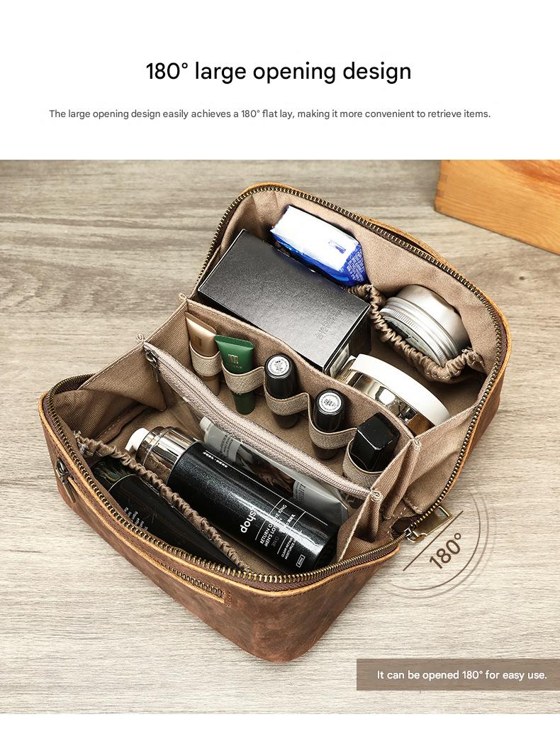 Women Leather Makeup Bag Crazy Horse Leather Toiletry Case