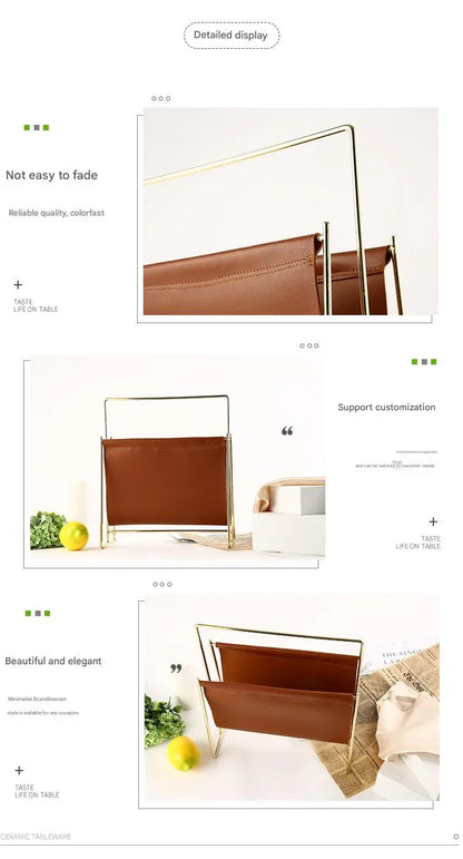 Nordic leather and iron sling magazine rack