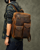 Dark Brown Leather Backpack in Crazy Horse Cowhide with Front Pockets