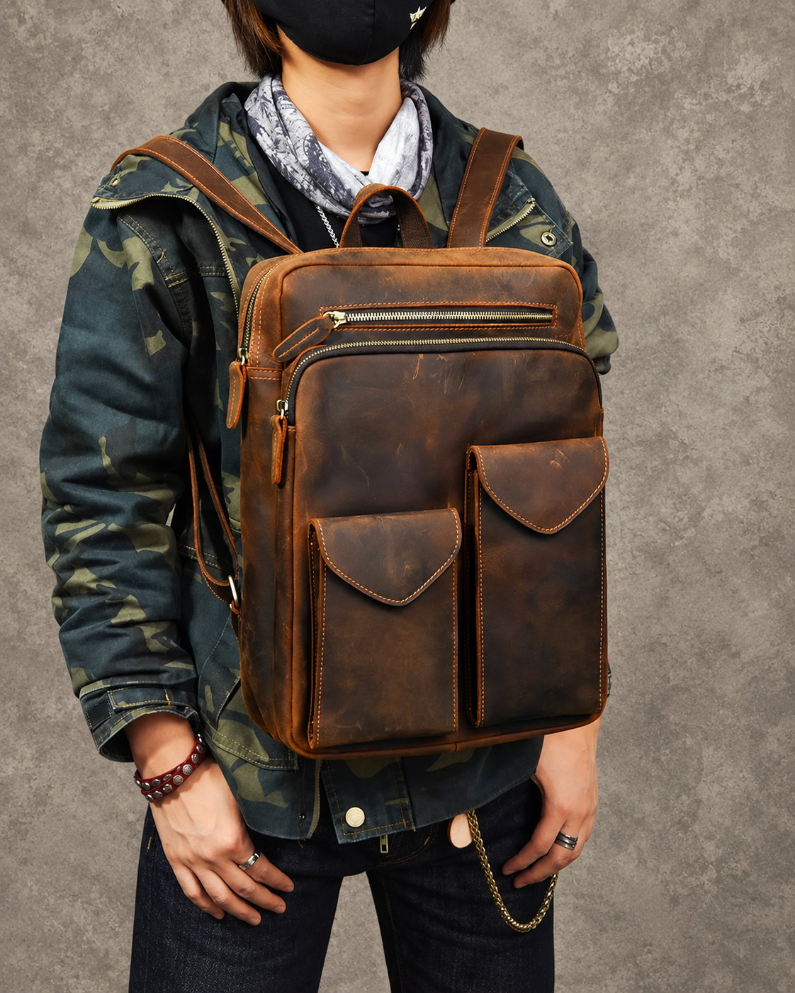 Dark Brown Leather Backpack in Crazy Horse Cowhide with Front Pockets