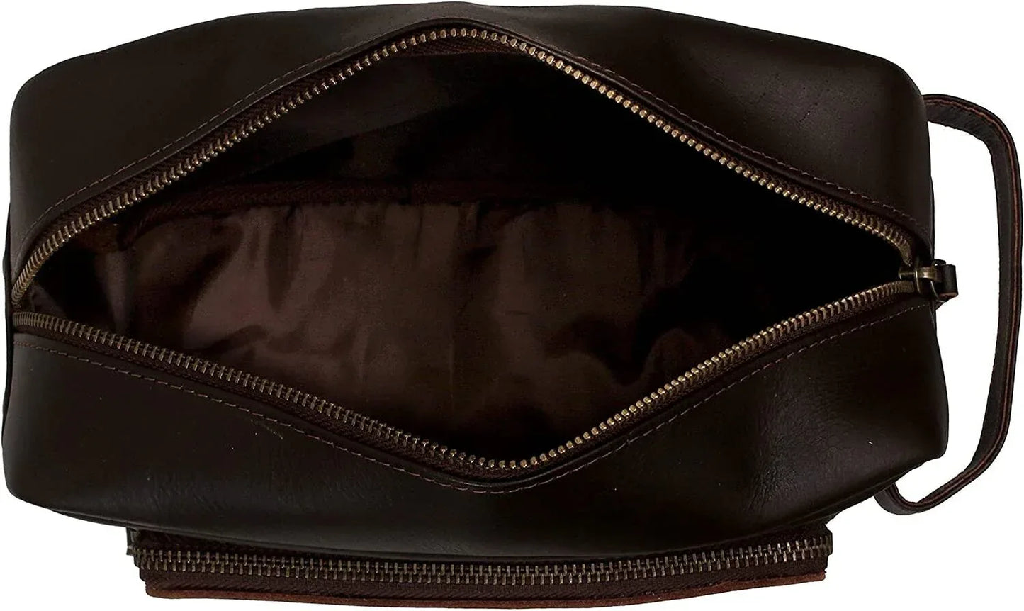 Genuine Leather Mens Toiletry Bag Dark Travel Organizer