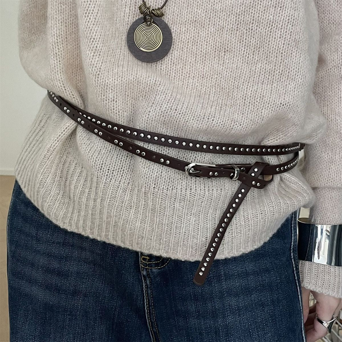 Double Layer Studded Belt for Women with Rivets
