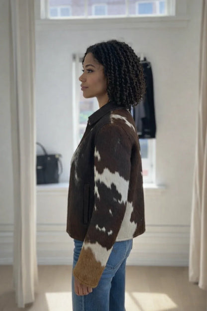 Women tricolor cow print hair on jacket