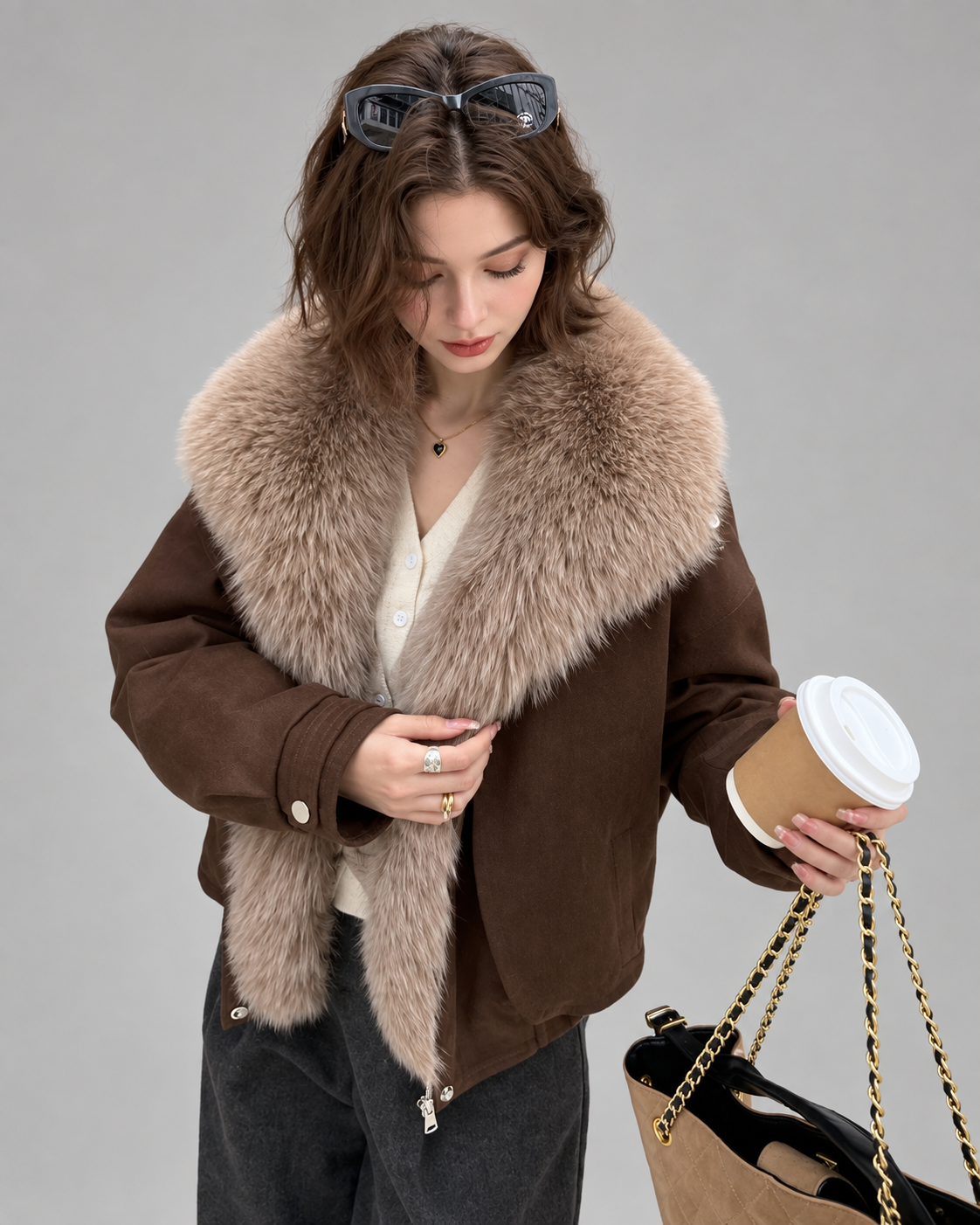 Women’s Brown Leather Jacket With Fur Collar for Winter