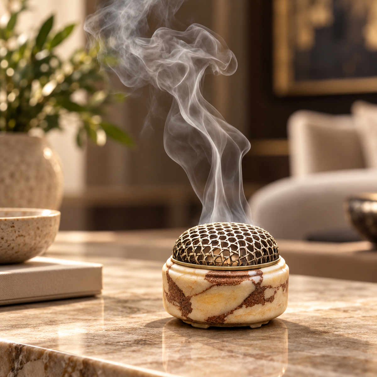 Incense Burner in Natural Marble with Decorative Metal Dome Lid