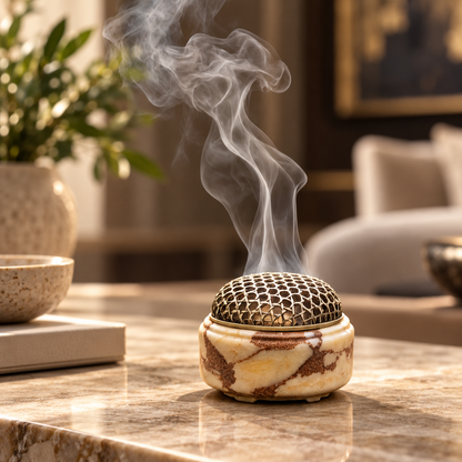 Incense Burner in Natural Marble with Decorative Metal Dome Lid