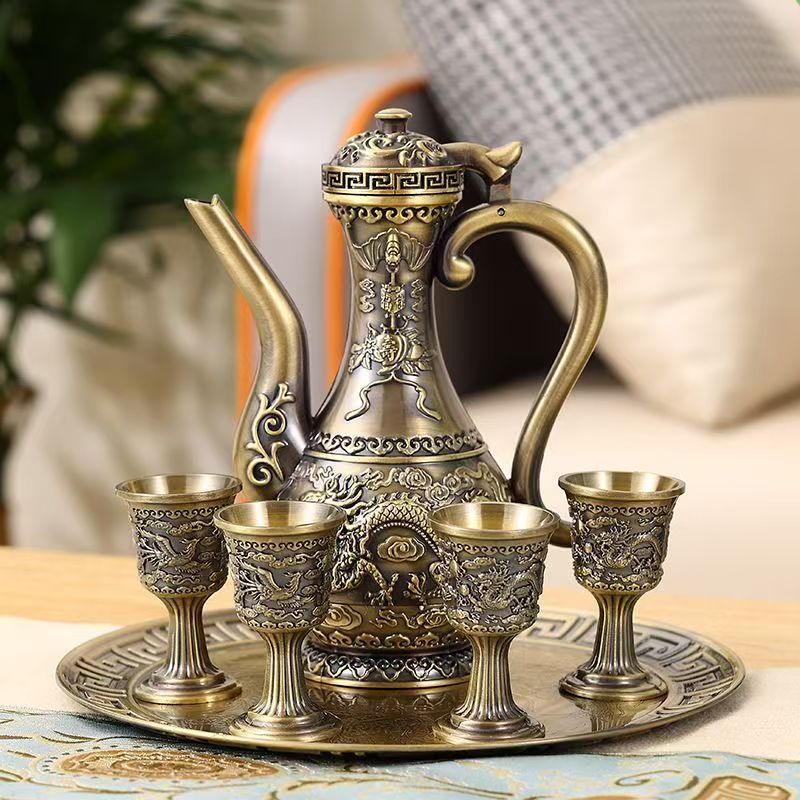 Antique bronze dragon phoenix wine serving set