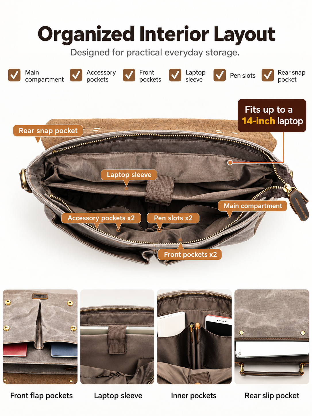 Canvas Briefcase Laptop Bag for Men with 14 Inch Sleeve