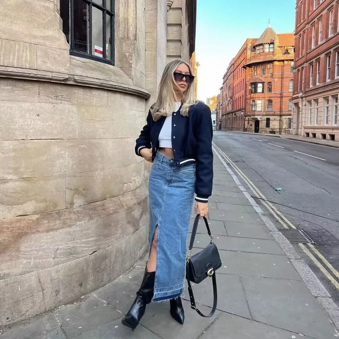 Boho Denim Maxi Skirt – High Waist Button Front