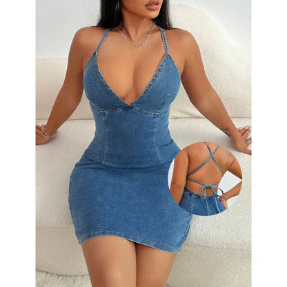 mini denim dress sleeveless skin fit bodycon open back outfit women 2 S
