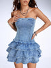 mini denim dress women strapless ruffle short Light XS