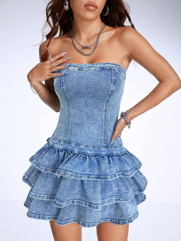 mini denim dress women strapless ruffle short – Boho Living Room