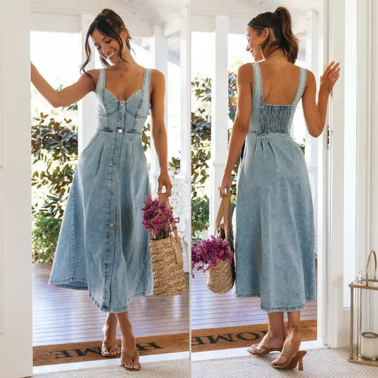 Denim Dress for Women Sleeveless Button Front Light Wash Midi
