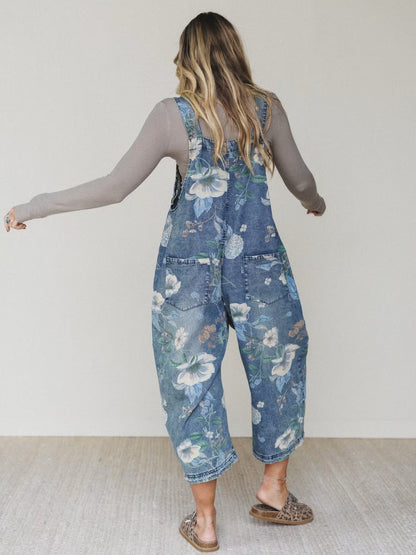 Floral print wide leg denim overalls women