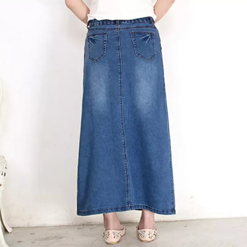 Blue High Waist Maxi Denim Skirt Without Slit