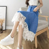 High Waisted Denim Midi Skirt with Lace Hem