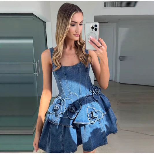 Denim mini dress pleated waist floral design