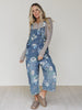 Floral print wide leg denim overalls women