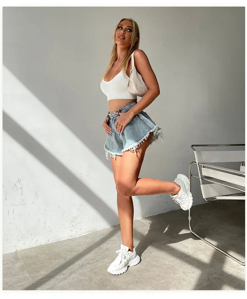 Boho Denim Mini Skirt High Waist Light Wash