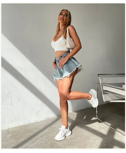 Boho Denim Mini Skirt High Waist Light Wash