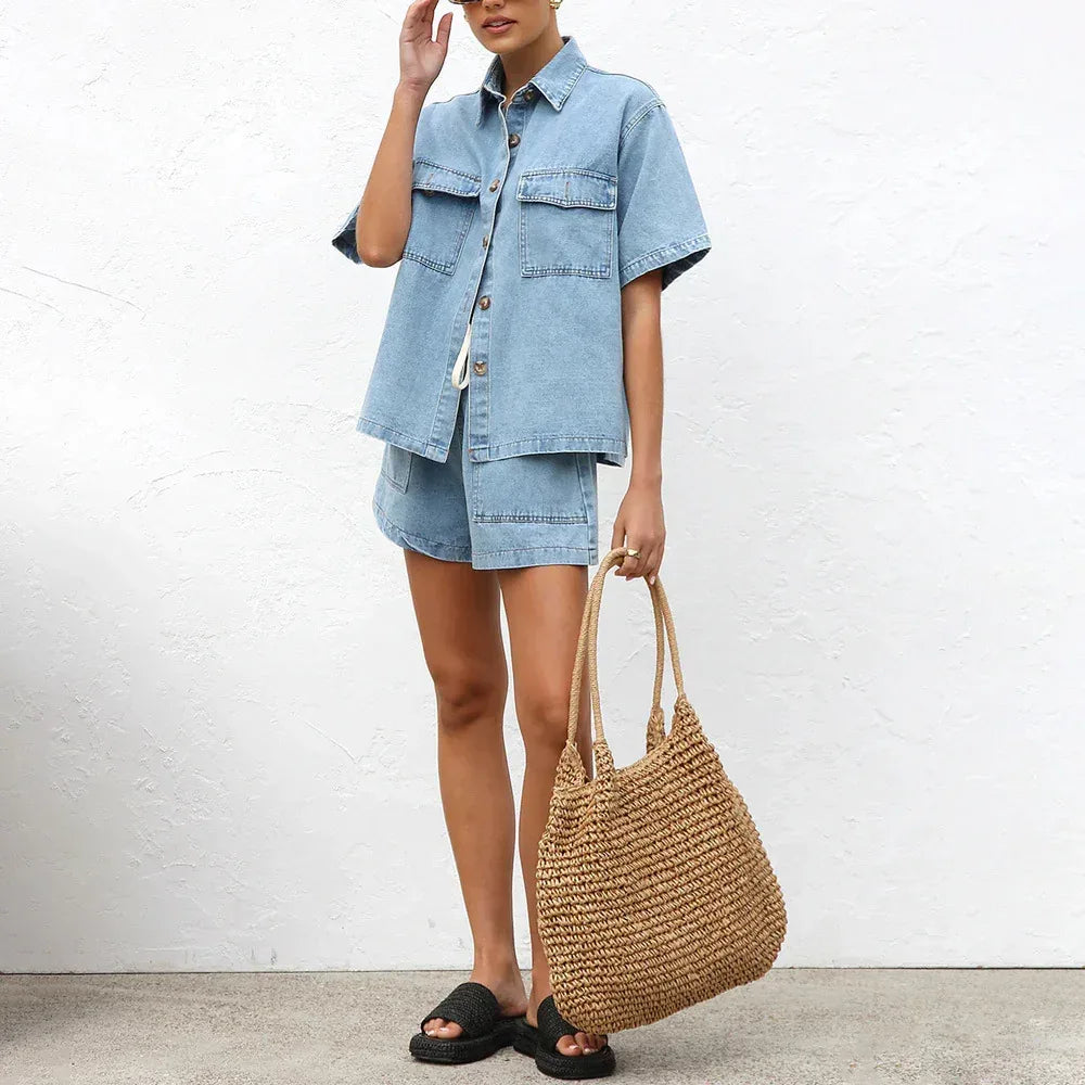 Women’s Denim Two Piece Short Sleeve Shirt and Shorts Set