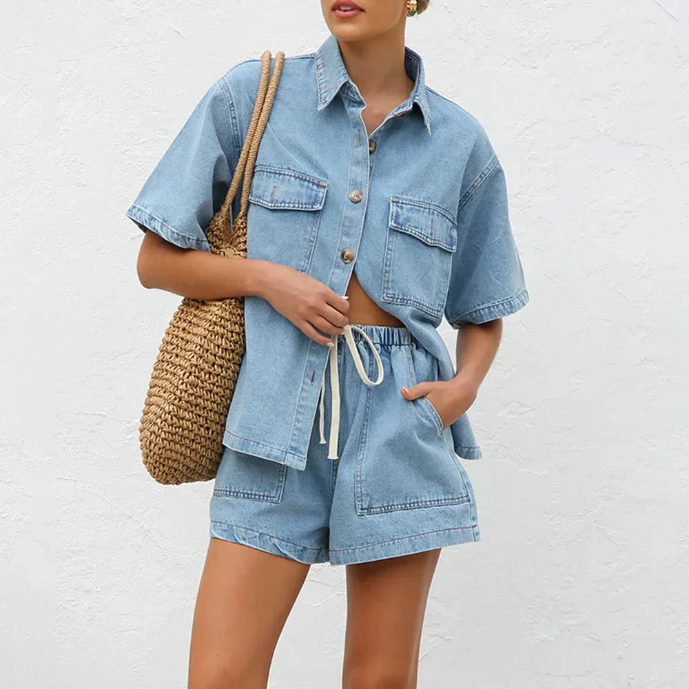 Women’s Denim Two Piece Short Sleeve Shirt and Shorts Set 1 XS