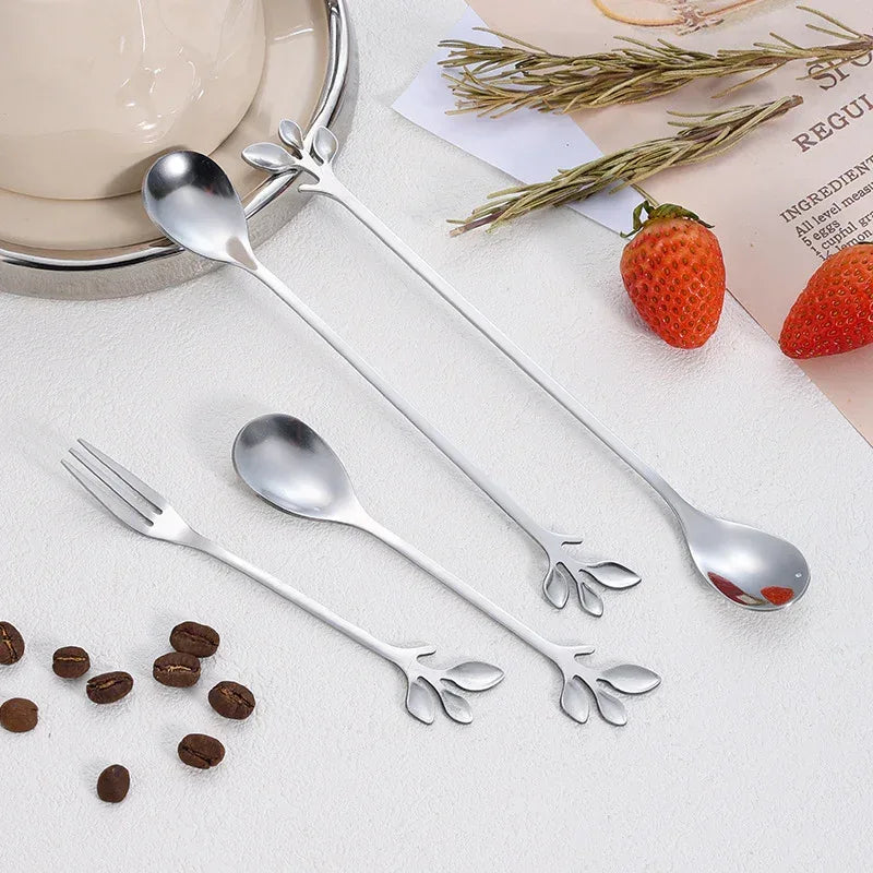Boho Cutlery Set Stainless Steel Leaf Handle Dessert Fork and Spoon Set Of Silver